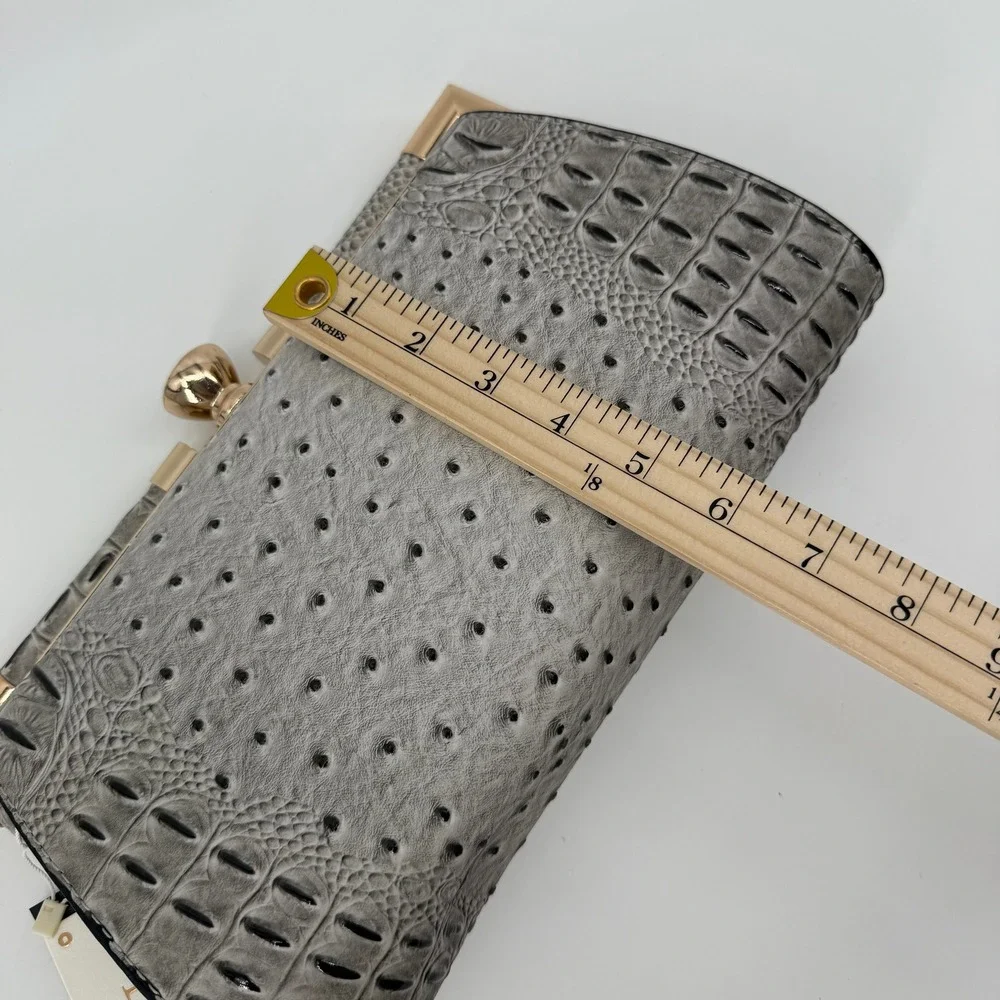 Le Miel Vegan Leather Ostrich Croc Embossed Frame Clutch Crystal Clasp Gray NWT